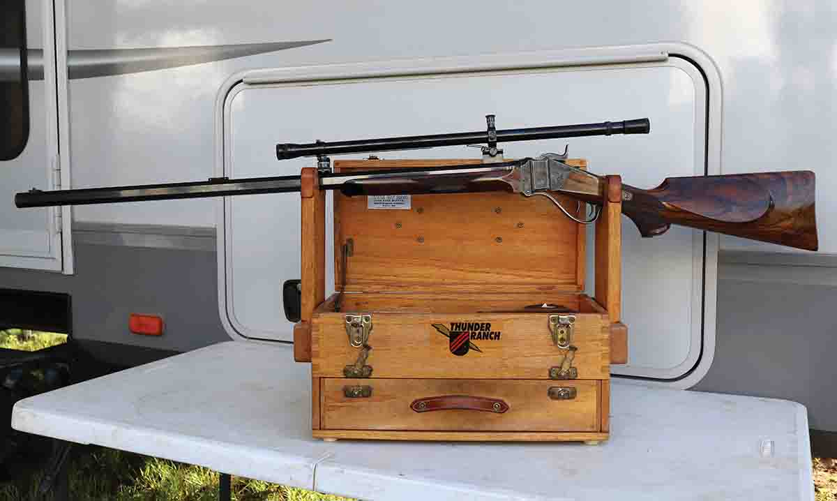 This Shiloh Sharps rifle .45-70 with a 32-inch, 1:16 twist barrel and topped with a 23-inch MVA 8X scope was used for testing.